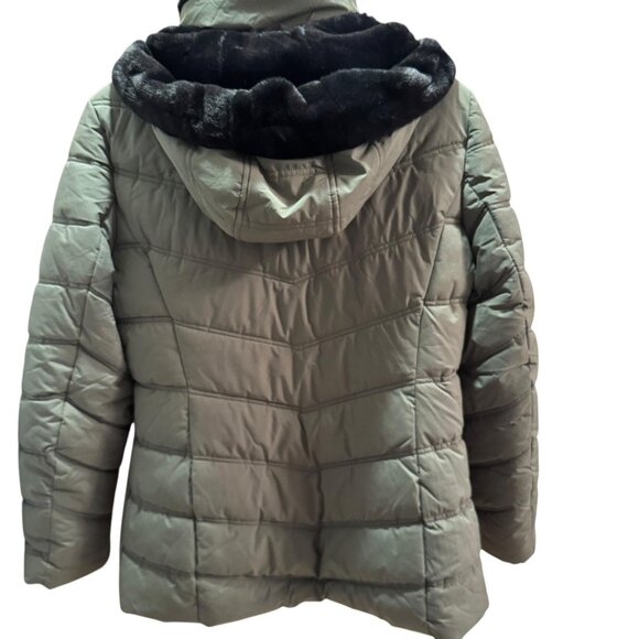 Nautica Jacket Womens Large Green Quilted Puffer Faux Fur Hood Water Resistant - Picture 8 of 14